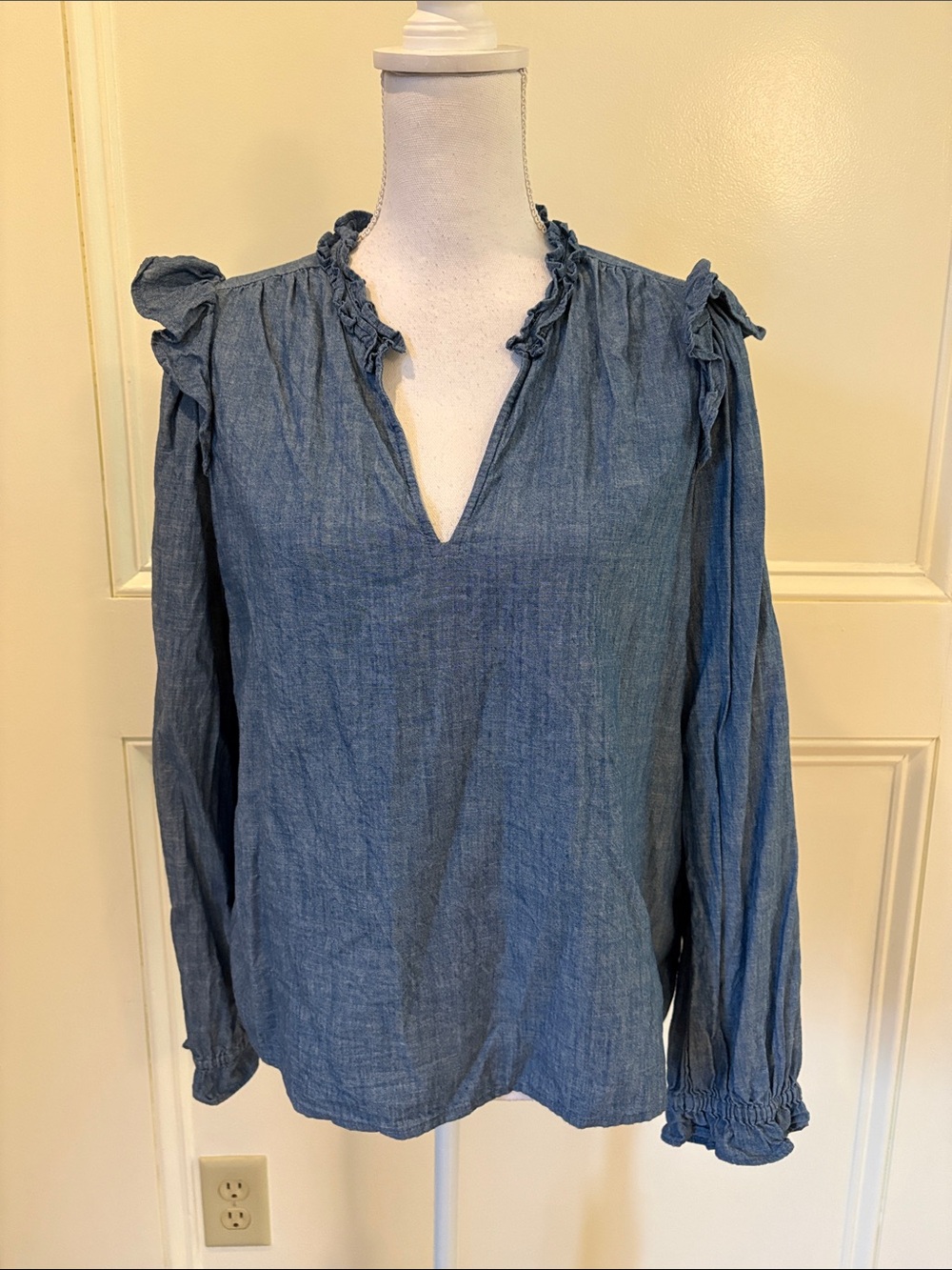 J. Crew Chambray Ruffle-Shoulder V-Neck Blouse in Blue
